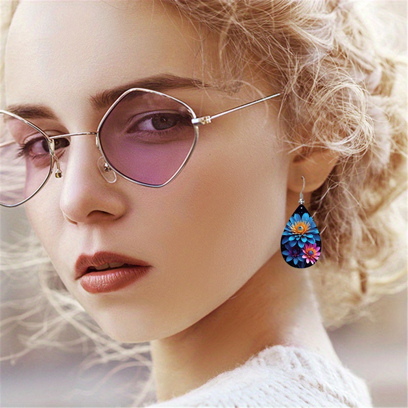 Women's Blue Pink Flower Print Waterdrop Hoop Earrings, Gift